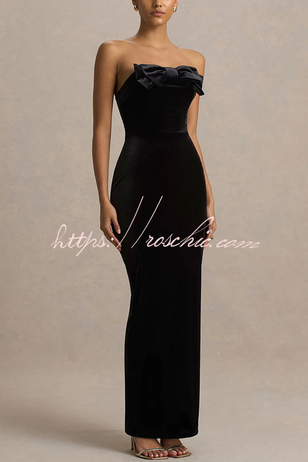 Illusion Velvet Bandeau neck Bow detail Stretch Maxi Dress
