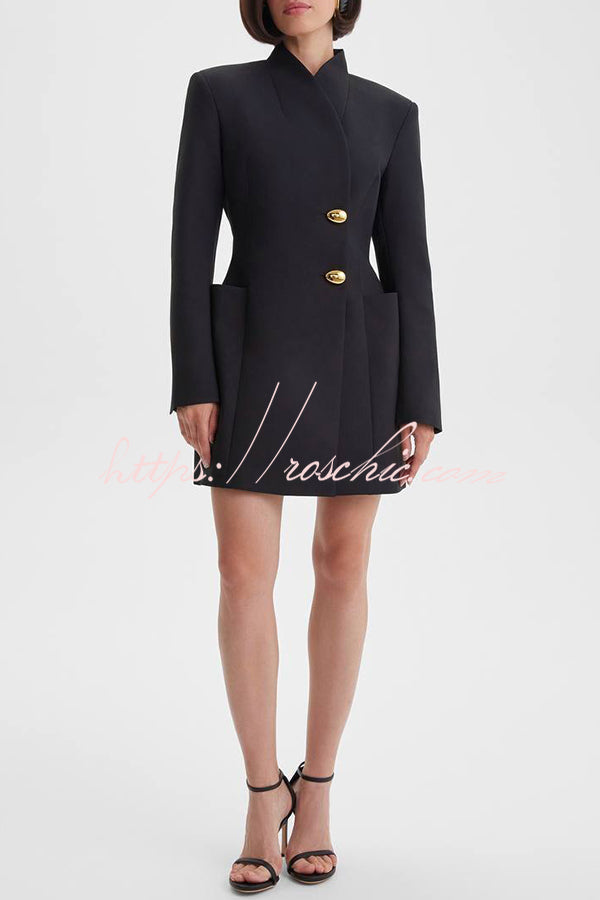 Kayleen Stand V-neck Decorative Metal Button Long Sleeve Pocket Blazer Mini Dress
