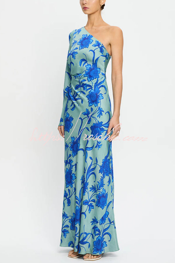 Satin Botanical Print One-Sleeve Resort Maxi Dress