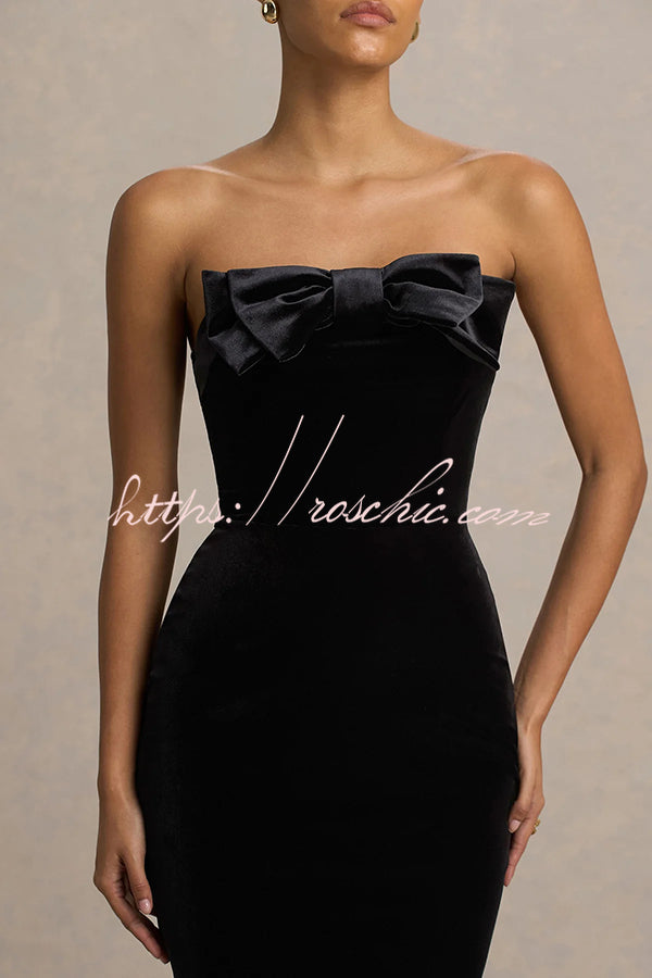 Illusion Velvet Bandeau neck Bow detail Stretch Maxi Dress