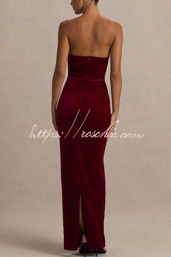Illusion Velvet Bandeau neck Bow detail Stretch Maxi Dress