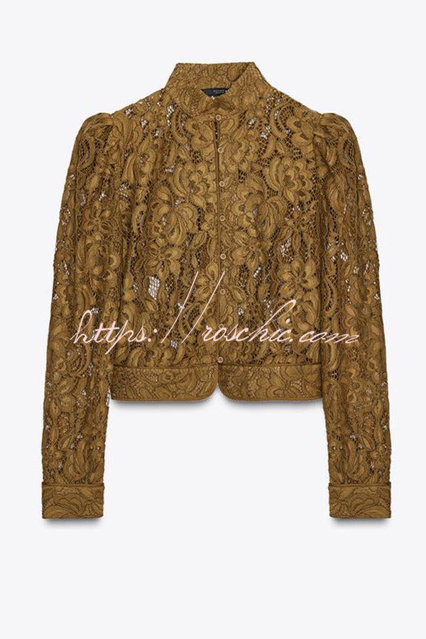 Palace Style Crochet Flower Lace Stand Neck Button Puff Sleeve Jacket