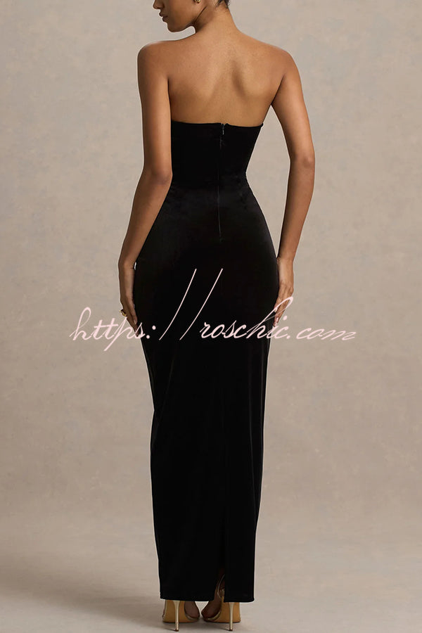 Illusion Velvet Bandeau neck Bow detail Stretch Maxi Dress