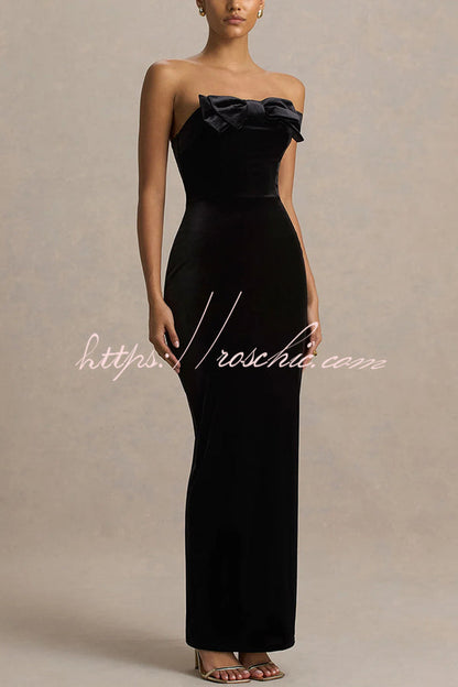 Illusion Velvet Bandeau neck Bow detail Stretch Maxi Dress