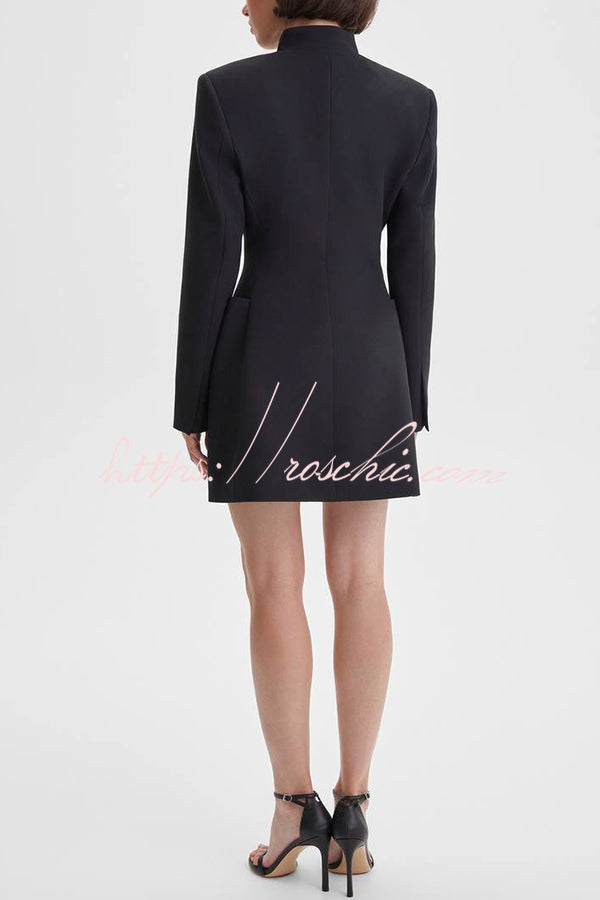 Kayleen Stand V-neck Decorative Metal Button Long Sleeve Pocket Blazer Mini Dress