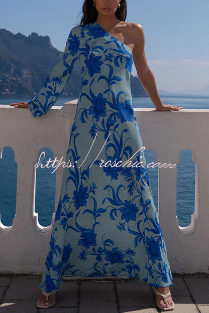 Satin Botanical Print One-Sleeve Resort Maxi Dress