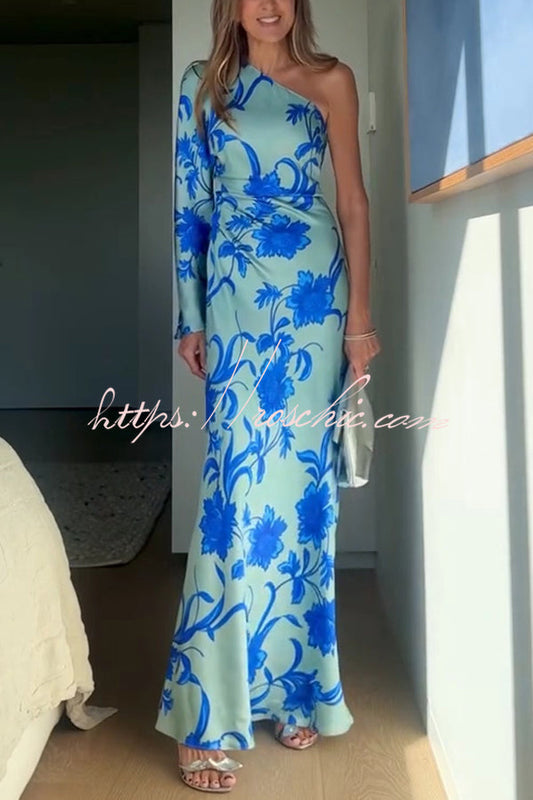 Satin Botanical Print One-Sleeve Resort Maxi Dress