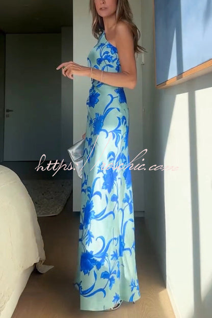 Satin Botanical Print One-Sleeve Resort Maxi Dress
