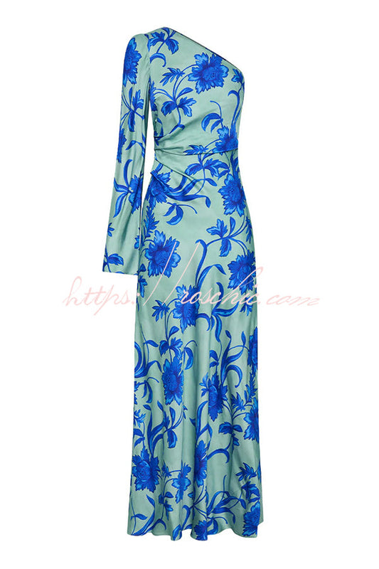 Satin Botanical Print One-Sleeve Resort Maxi Dress