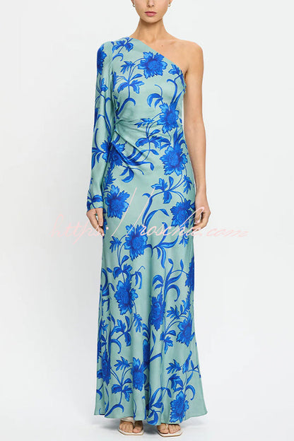 Satin Botanical Print One-Sleeve Resort Maxi Dress