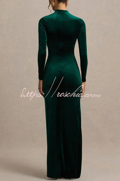 Wishes Velvet High Neck Long Sleeve Ruched Waist Wrap Slit Stretch Maxi Dress