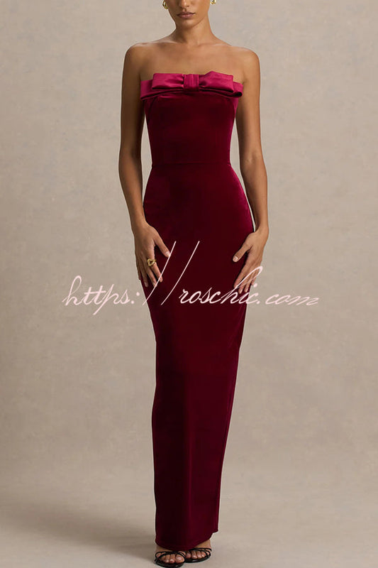 Illusion Velvet Bandeau neck Bow detail Stretch Maxi Dress