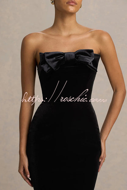 Illusion Velvet Bandeau neck Bow detail Stretch Maxi Dress