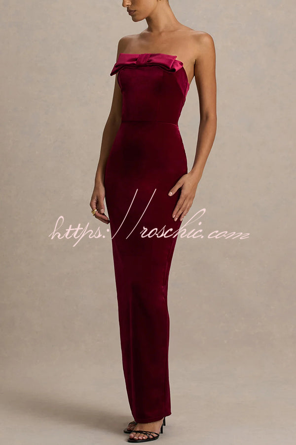 Illusion Velvet Bandeau neck Bow detail Stretch Maxi Dress