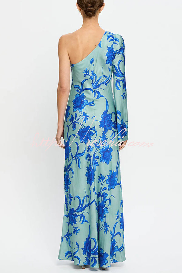 Satin Botanical Print One-Sleeve Resort Maxi Dress