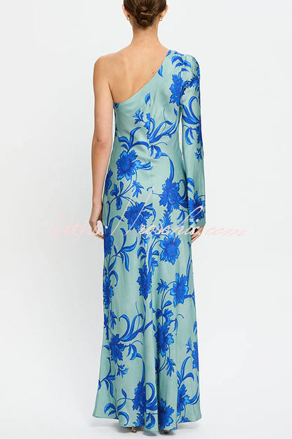 Satin Botanical Print One-Sleeve Resort Maxi Dress