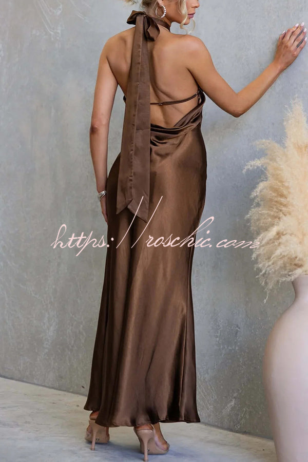 Satin Fashion Halter Backless Slim Elegant Maxi Dress