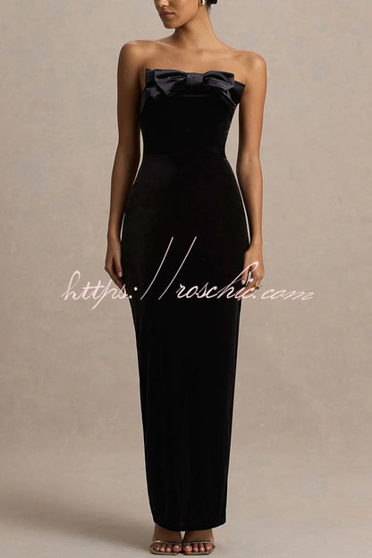 Illusion Velvet Bandeau neck Bow detail Stretch Maxi Dress