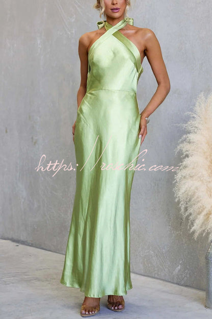 Satin Fashion Halter Backless Slim Elegant Maxi Dress