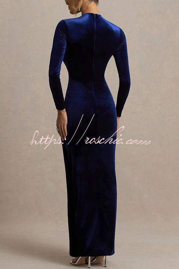 Wishes Velvet High Neck Long Sleeve Ruched Waist Wrap Slit Stretch Maxi Dress