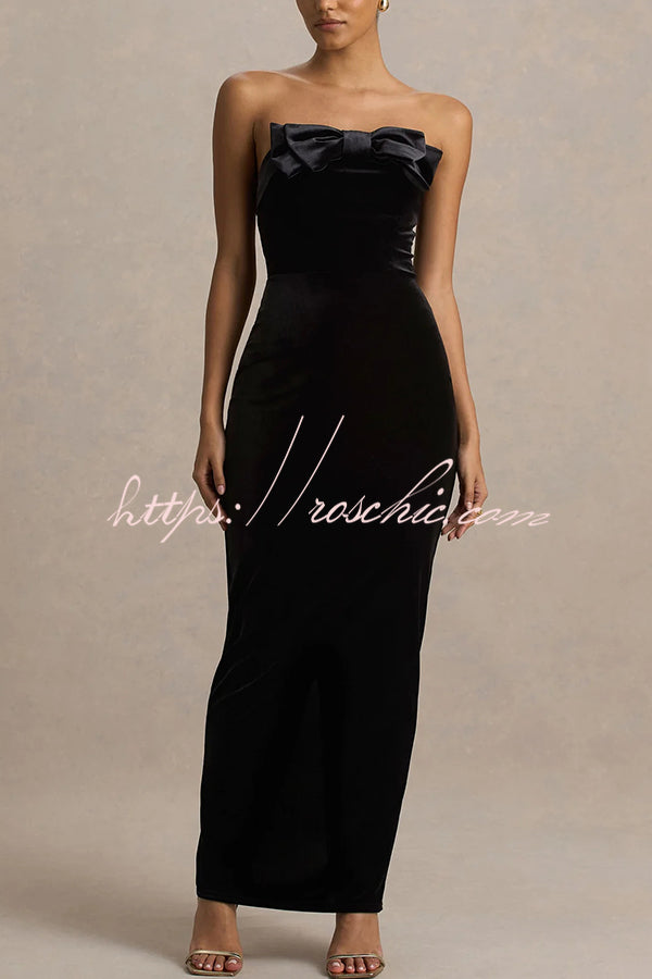 Illusion Velvet Bandeau neck Bow detail Stretch Maxi Dress